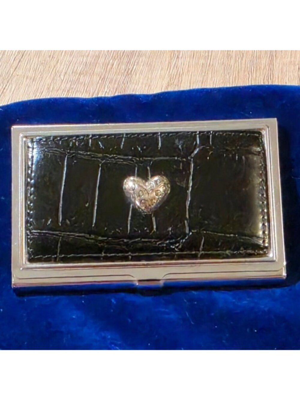 Brighton Love Beat Card Case Holder Retired Black Croc Leather Silver Heart